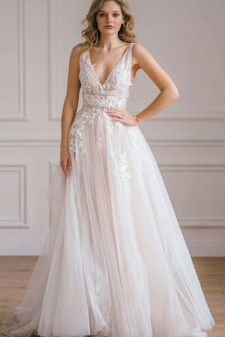 Ethereal A Line Lace Floor-length Sleeveless Open Back Wedding Dress with Appliques