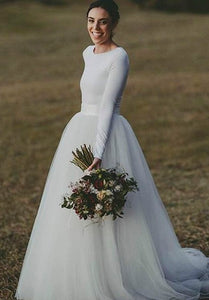 Schlichtes, langärmliges, elegantes, tailliertes Brautkleid aus Tüll aus Jersey