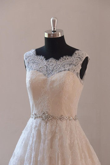 Lace A-Line Sleeveless Wedding Gown With Low-V Back and Beaded Sash