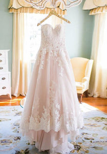 Elegant Sweetheart High Low Blush Wedding Dress with White Lace