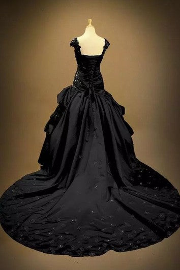 Ball Gown Taffeta Straps Sleeveless Floor-length Chapel Train Wedding Dress with Beading and Ruffles