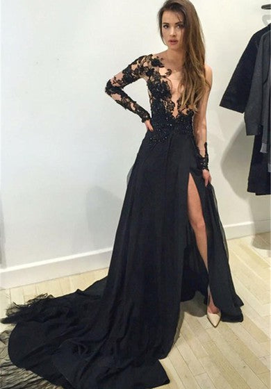 Sexy Black Lace Appliques 2018 Prom Dress Front Split Long Sleeve