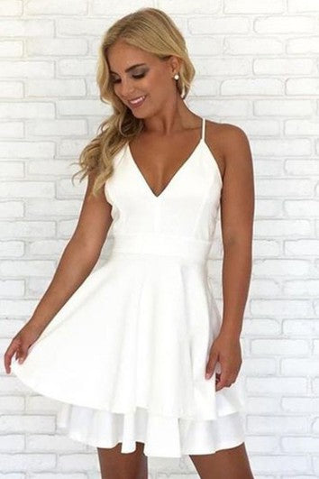 A-line Sleeveless Chiffon Spaghetti V-neck Zipper Keyhole Short Mini Homecoming Dress