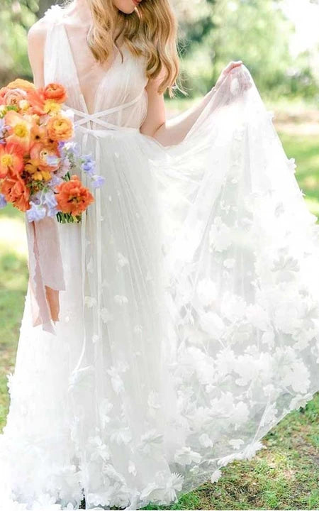 Ethreal Plunged Forest Tulle Wedding Dress with Floral Appliques