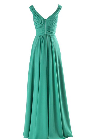 V-neck A-line Long Chiffon Gown With Pleats and Beadings