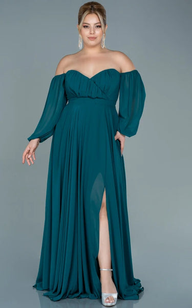 Off-the-shoulder Sweetheart Empire Plus Size Chiffon Front Split Evning Dress