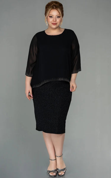 Bateau-neck Long Sleeve Pencil Knee-length Sequin Plus Size Mother of Bride Dress