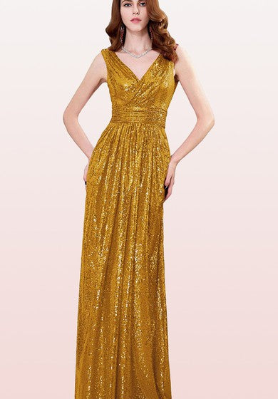 V-neck A Line Sleeveless Floor-length Sequins Bridesmaid Dress With Ruching