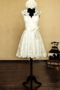 V-Neck Sleeveless Keyhole Back Short Lace Wedding Dress With Bow And Flower