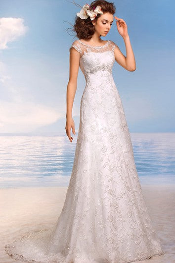 A-Line Floor-Length Scoop Cap-Sleeve Empire Illusion Lace Dress With Beading And Appliques