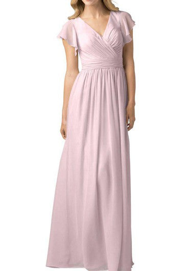 Butterfly Sleeves V-neck Chiffon Long Bridesmaid Dress