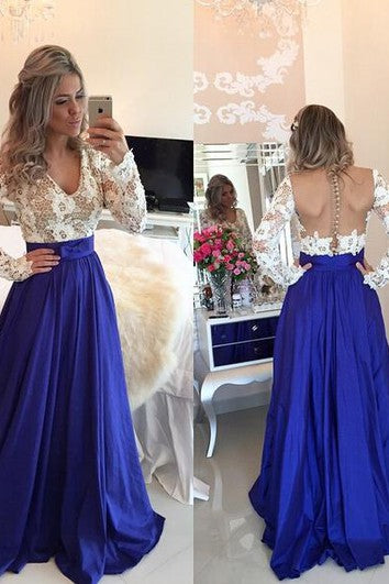 Modern Lace Chiffon Long Sleev Prom Dress Zipper Button Back