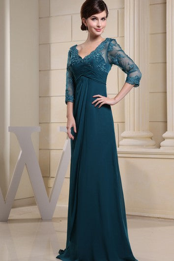 V-Neck Maxi Empire Illusion Sleeve and Dress With Appliques