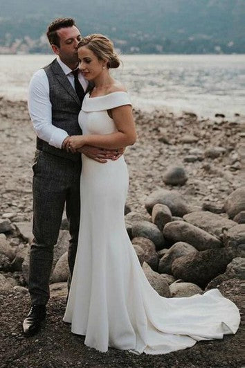 Vestido de boda de gorra de sirena simple de chifón fuera del hombro