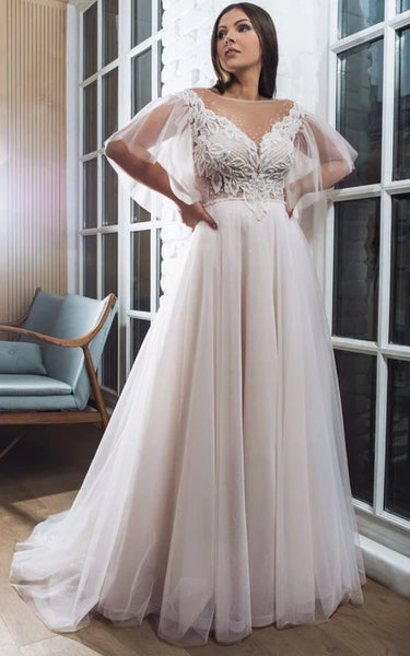 Elegant Illusion Tulle Petal Sleeve A-line Plus Size Wedding Dress with Beaded Top