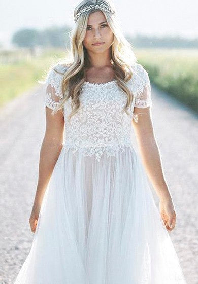 A-line Lace Appliques Bohemian Short Sleeve Tulle Wedding Dress With Ruching