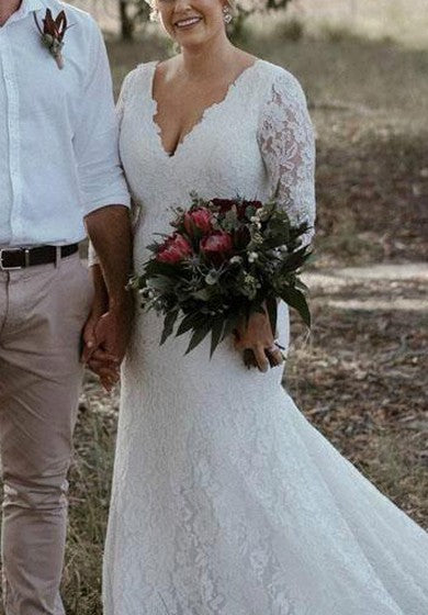 Vestido de boda con cremallera de tren de encaje en V de cordero en V