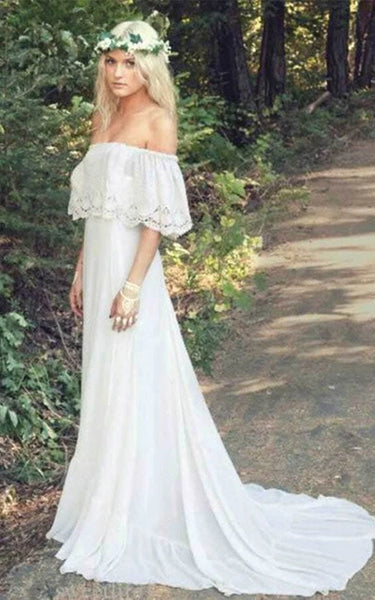 Boho Off-the-shoulder Lace Country Chiffon Casual Wedding Dress