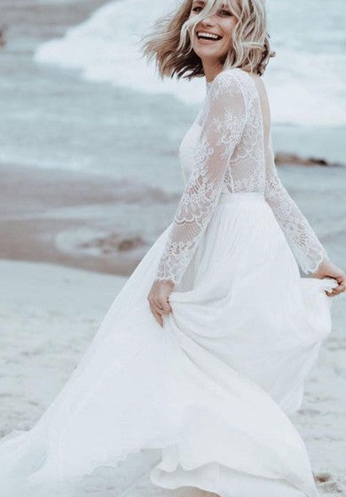 Simple A Line Bateau Tulle Lace Long-longitud de la manga larga Vestido de novia con delante dividido y pliegues