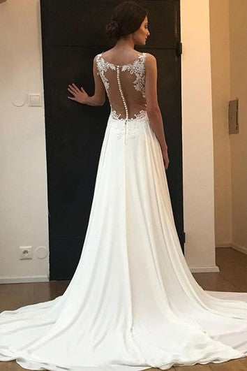 Romantic A Line Chiffon Bateau Sleeveless Wedding Dress with Appliques