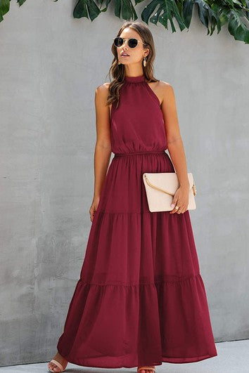 Jednoduché šifónové šaty s halter výstřihem, áčkovým střihem, bez rukávů, na ples, formální, s volánky