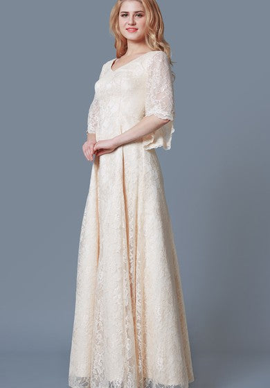 Elegant Bell Sleeve A-line Long Lace Dress With V-neck