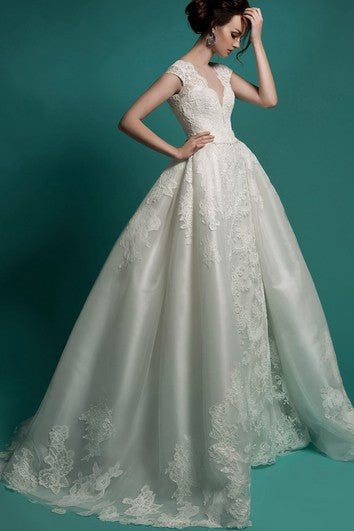 Mermaid Floor-Length V-Neck Cap-Sleeve Zipper Lace Dress With Sash And Detachable Train