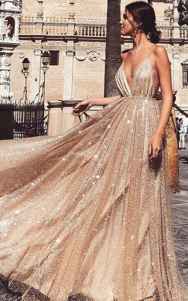 Sexy Plunged Spaghetti Empire A-line Sequin Prom Dress