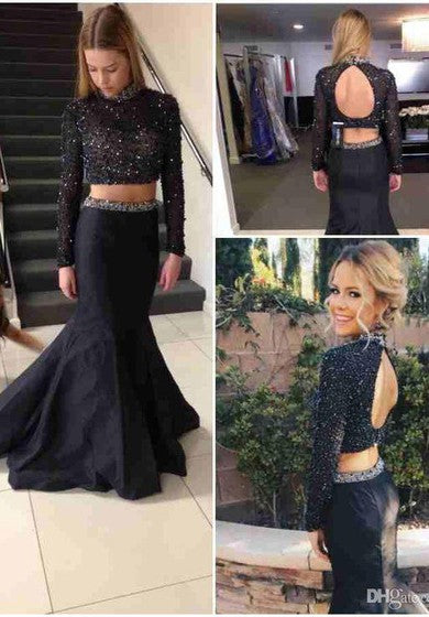 Sexy Beadings Black Two Piece 2018 Evening Dress Long Sleeve Mermaid High Neck