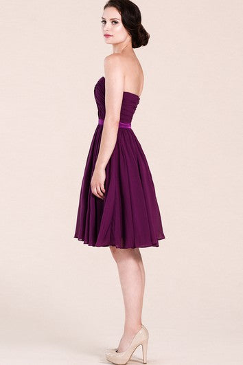 Strapless V-cut Short Pleated Chiffon Dress