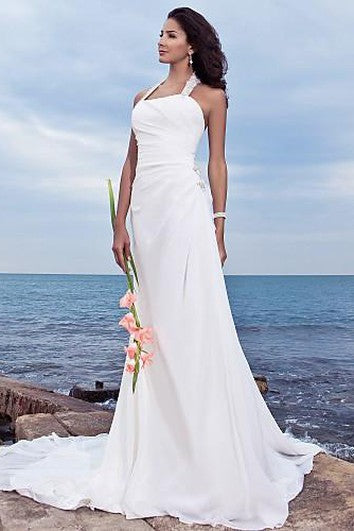 sheath Halter Court Train Chiffon Wedding Dress