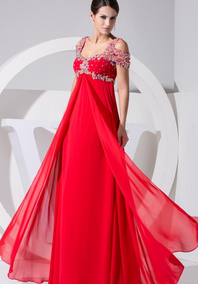 Maxi šaty z šifonu s korálkovou výšivkou a vysokým pasem