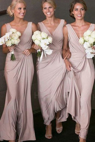 Jersey Floor-length A Line Sleeveless Casual Bridesmaid Dress with Ruching and Pick Up