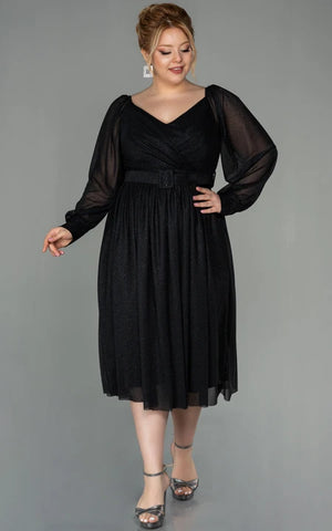 Casual Long Sleeve V-neck Criss-cross Empire Tea-length Plus Size Mother of Bride Dress