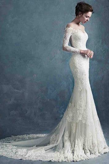 Off The Shoulder Long Lace Sleeve Lace Gown