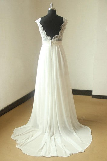 Cap Sleeve Queen Anne Neckline Long Chiffon Dress With Satin Sash