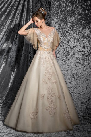 A-Line Floor-Length Bateau Poet-Sleeve Keyhole Organza Dress With Appliques