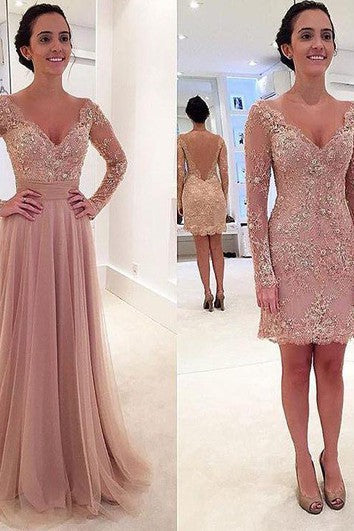 Elegant Long Sleeve Lace Appliques Evening Dress Tulle Detachable