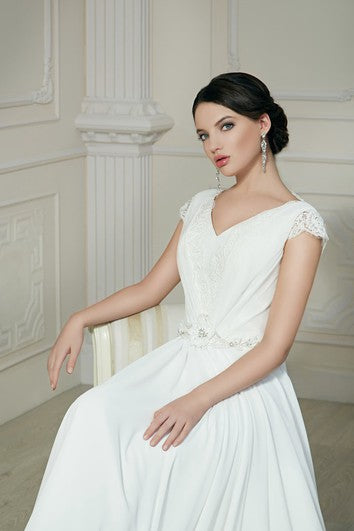 A-Line Floor-Length V-Neck Short-Sleeve Low-V-Back Chiffon Dress With Ruching And Beading