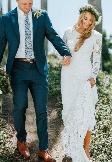 Modest Country Lace Court Train Sheath Long Sleeve Boho/Hippie Wedding Dress