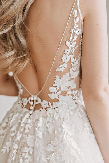 Bohémské špagetové šaty s výstřihem do V, A-linie, dlouhé až na zem, bez rukávů, svatební šaty s aplikacemi