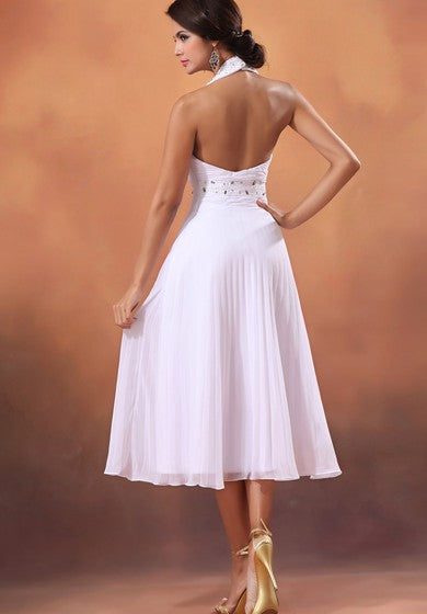 Chiffon Tea-Length A-Line Dress With Beading and Pleating