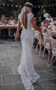 Lace Cap-sleeve Sheath Simple Hippie Deep-v Back Wedding Dress