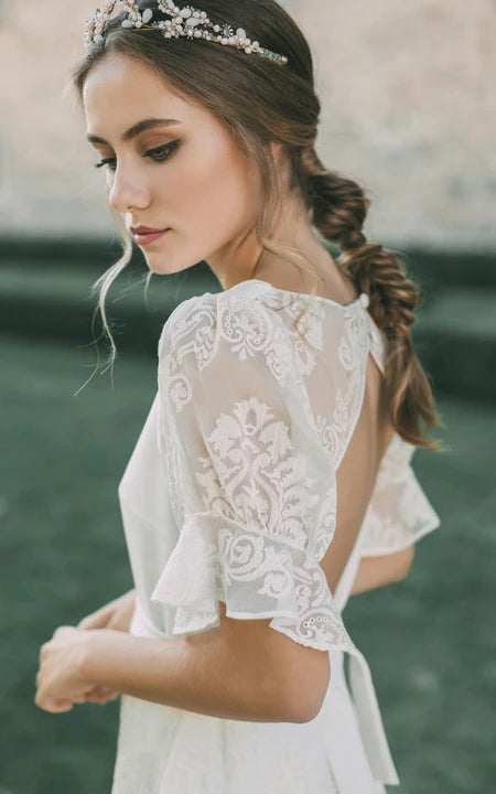 Vestido de boda de encaje con ojo de choque de cuello de cuello de cuello