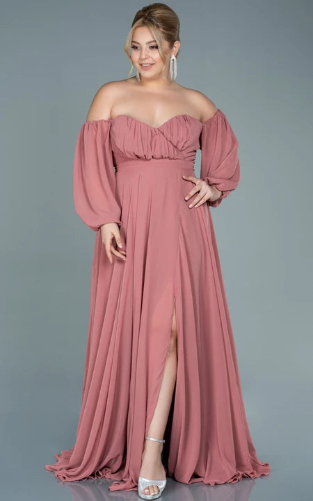 Off-the-shoulder Sweetheart Empire Plus Size Chiffon Front Split Evning Dress