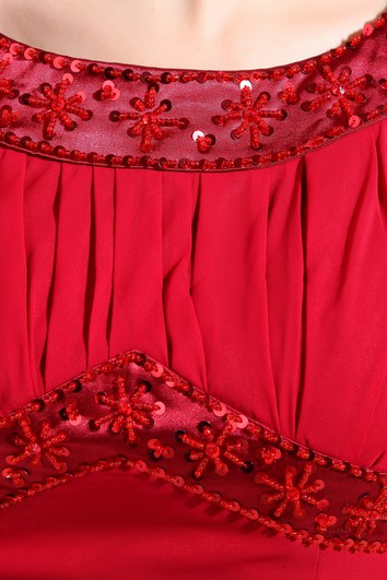 Chiffon-Kurzarm-Bodenlanges Kleid mit Perlenbesatz und Rüschen