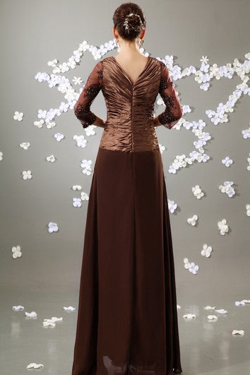 V-Neck 3-4 Sleeve Chiffon Floor-Length Dress With Ruched Top