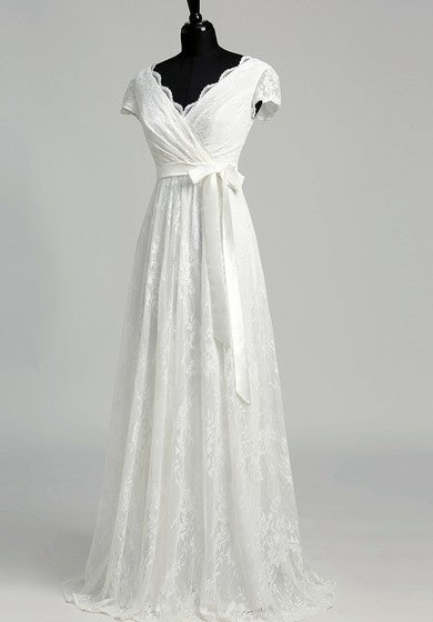 A Line Garden Cap Short Sleeve Wedding Dress