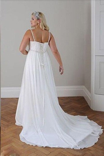 Plus Size Spaghetti Strap Crystal Beaded Chiffon Beach Wedding Gown