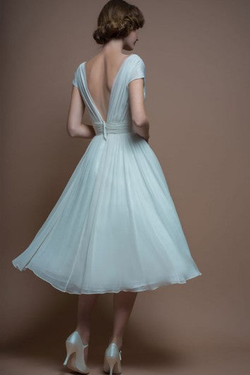 A-Line V-Neck Tea-Length Cap-Sleeve Appliqued Tulle Wedding Dress With Ruching